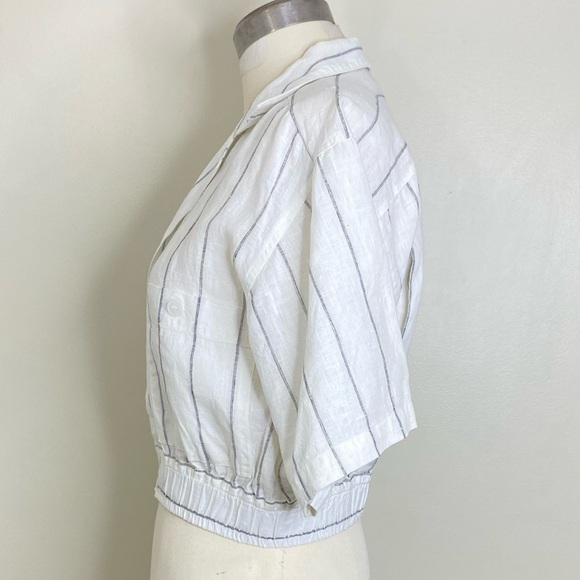 VINTAGE DAVID MICHAELS 100%LINEN WHITE/ BLACK PINSTRIPE BUTTON DOWN CROP BLOUSE - Picture 9 of 13